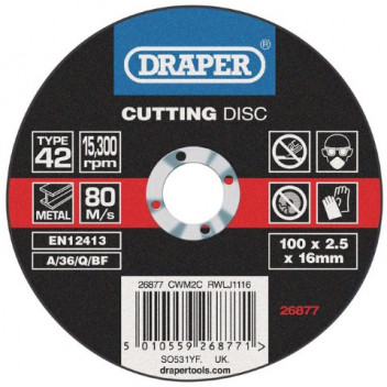 Image for Draper 26877 - Depressed Centre Metal Cutting Disc 100 x 2.5 x 16mm